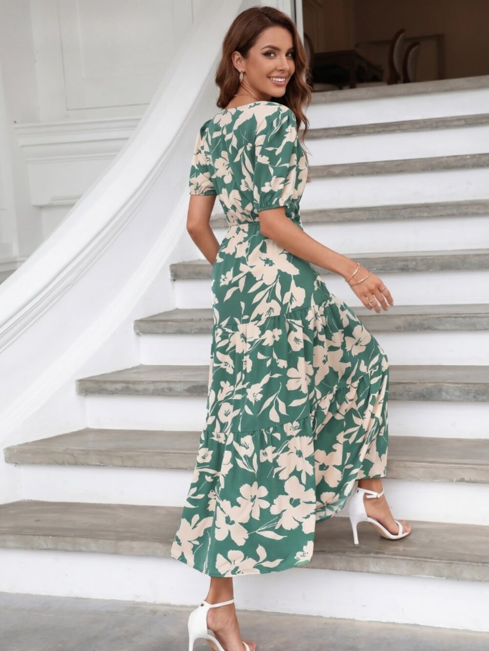 Women Floral Twist Front Cut Out Maxi Dress Ruffle Summer Beach Boho Chic - Picture 1 of 5
